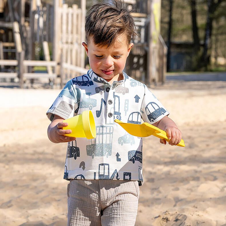 Dzianina dresowa p?telkowa French Terry rysunkowe pojazdy &ndash; biel/b??kit,  image number 5