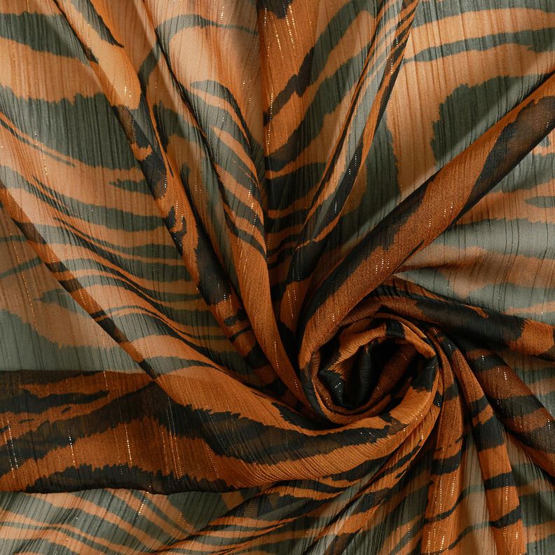 Szyfon w brokatowe prążki z nadrukiem tygrysa – czerń/miedź,  image number 3