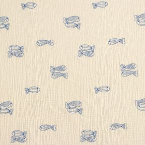 Muślin / Tkanina double crinkle haftowane ryby | Poppy Fabrics – mleczna biel/błękit królewski, 