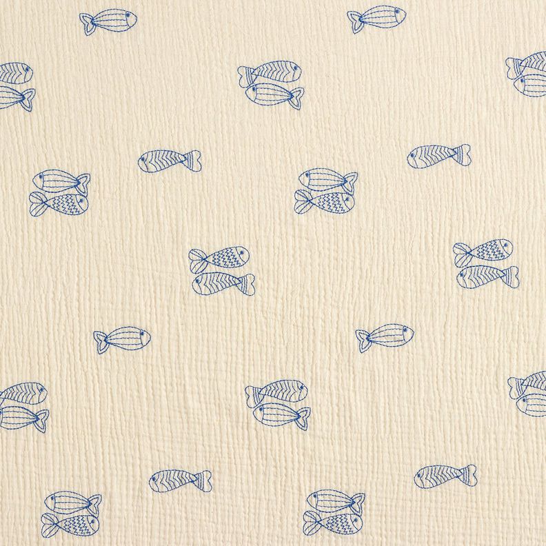 Muślin / Tkanina double crinkle haftowane ryby | Poppy Fabrics – mleczna biel/błękit królewski,  image number 1