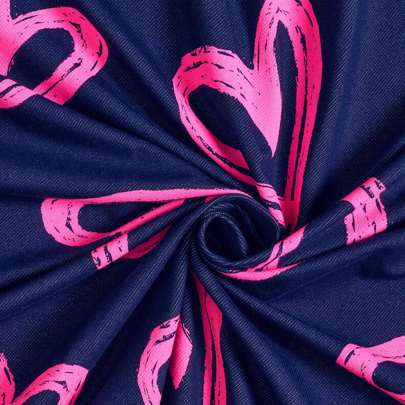 Dzianina dresowa pętelkowa French Terry o wyglądzie dżinsu w neonowe serca – ciemnogranatowy/neonowy, image number 3