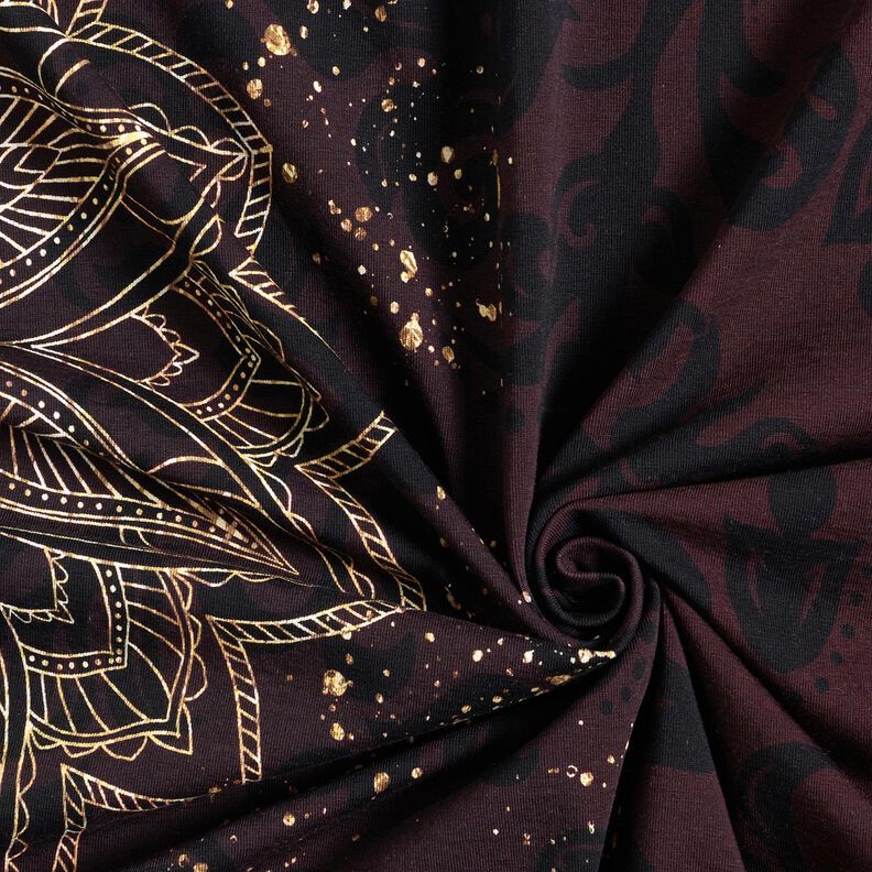Dżersej bawełnianyTkanina z bordiurą mandala ze złotymi plamkami | Glitzerpüppi – czarny brąz/złoto,  image number 3