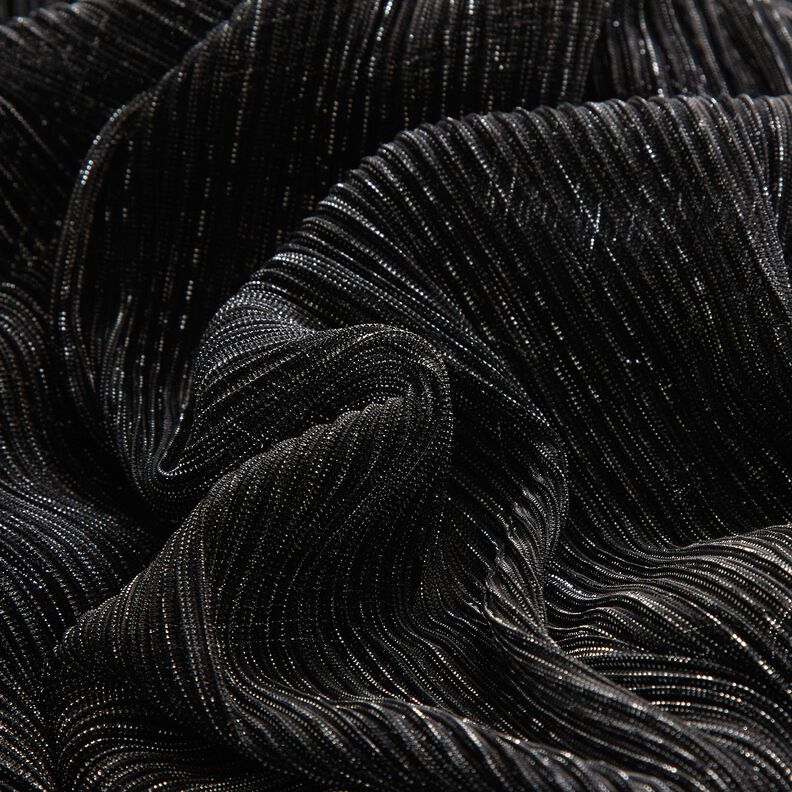 Prześwitująca tkanina plisowana w błyszczące paski – czerń,  image number 5