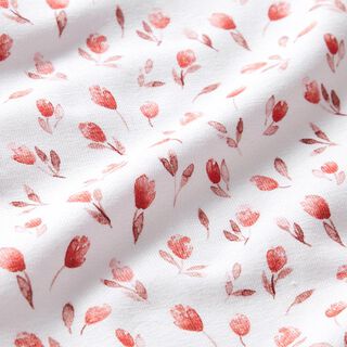 Dżersej bawełniany tulipany nadruk cyfrowy – mleczna biel/czerwień karminowa, 