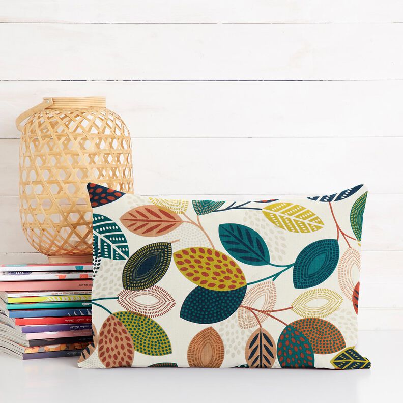 Tkanin dekoracyjna Panama kropkowane liście – mleczna biel/petrol,  image number 8