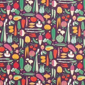 Tkanina bawełniana Kreton różne warzywna – bakłażan/zieleń, 