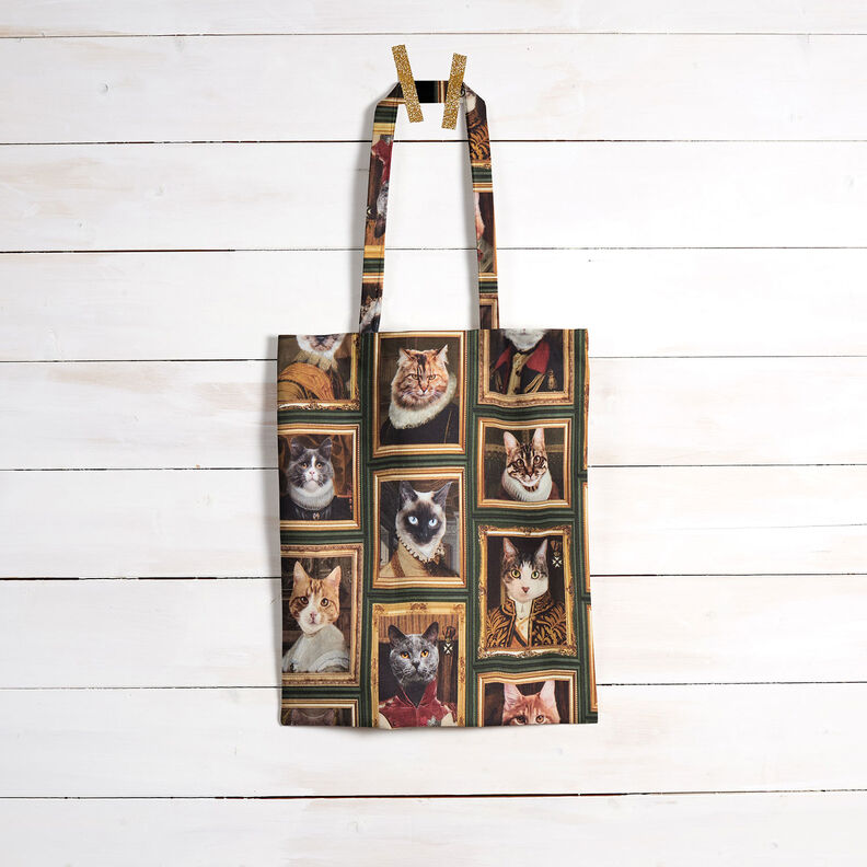 Tkanin dekoracyjna Half panama portrety kotów – ciemna zieleń/złoto,  image number 9