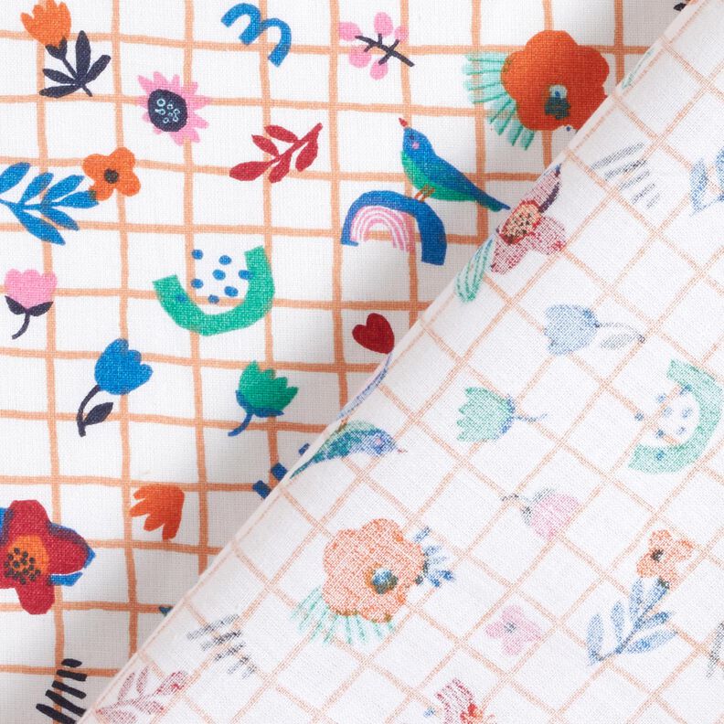 Tkanina bawełniana Kreton kratka z kwiatami – biel/mięta pieprzowa,  image number 4