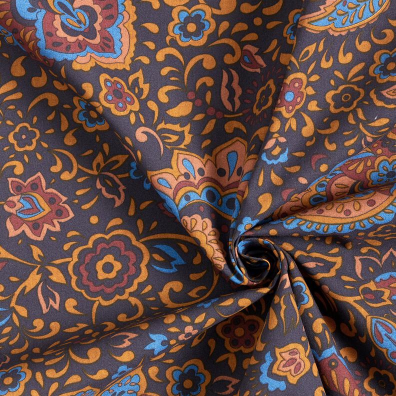 Tkanina koszulowa kwiaty retro i wzór paisley – ciemnogranatowy/karmelka,  image number 3