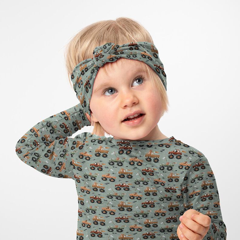 Dżersej bawełniany zwierzęta w monster truckach nadruk cyfrowy – szary słoniowy,  image number 5