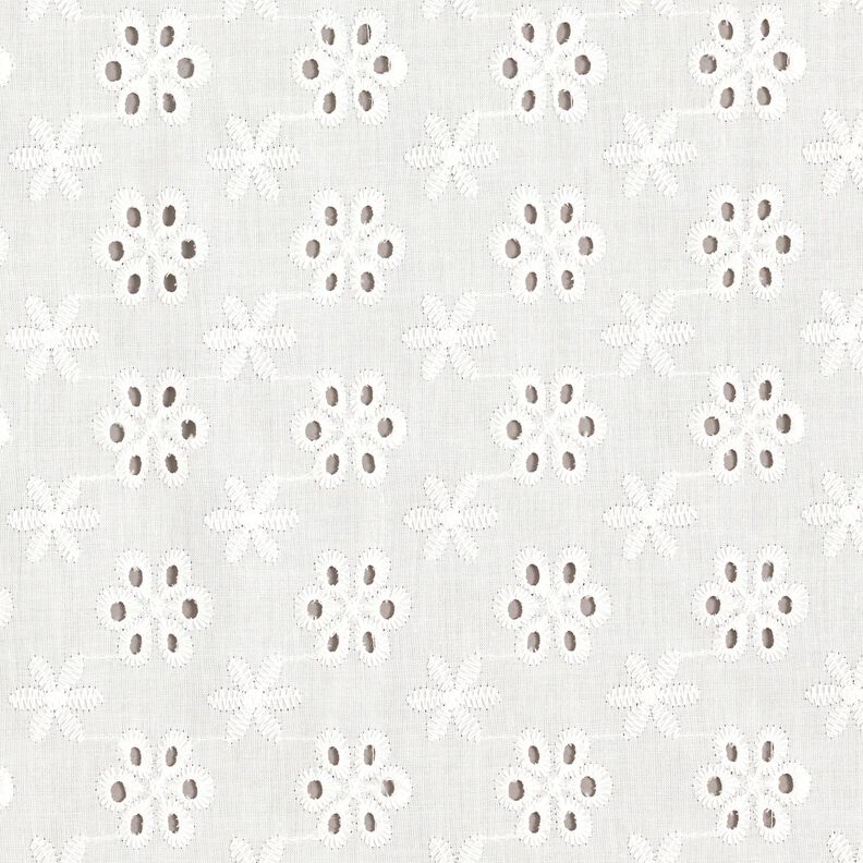 Tkanina bawełniana z haftem angielskim w kwiaty – biel,  image number 1
