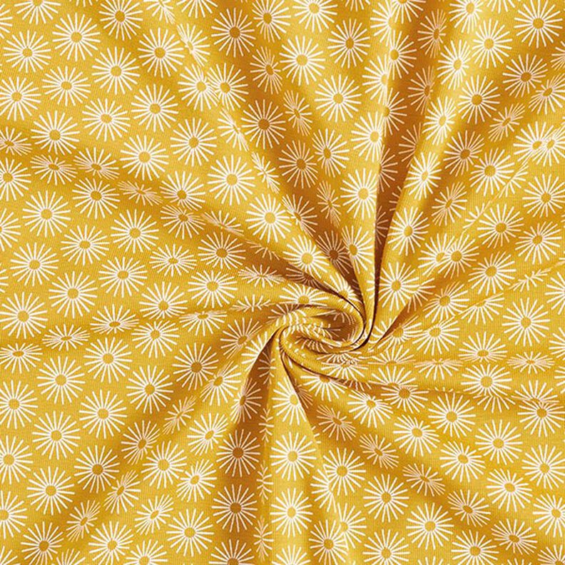 Dżersej bawełniany w 
błyszczące kwiaty – żółty curry,  image number 3