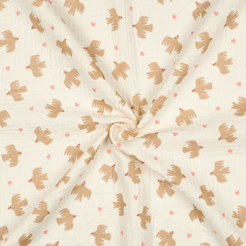GOTS Muślin / Tkanina double crinkle ptaki i serca | Poppy Fabrics – mleczna biel, image number 4