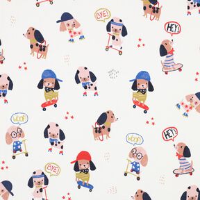 Dżersej bawełniany pies jeżdżący na łyżwach nadruk cyfrowy | Poppy Fabrics – kość słoniowa/różowe, 