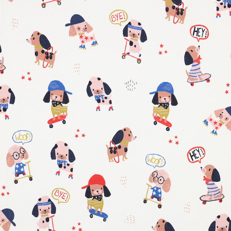 Dżersej bawełniany pies jeżdżący na łyżwach nadruk cyfrowy | Poppy Fabrics – kość słoniowa/różowe,  image number 1