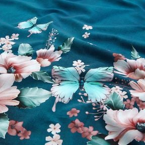 Dżersej bawełniany motyle na łące | Glitzerpüppi  – jasny petrol/różowy,  Dżersej bawełniany motyle na łące | Glitzerpüppi  – jasny petrol/różowy,