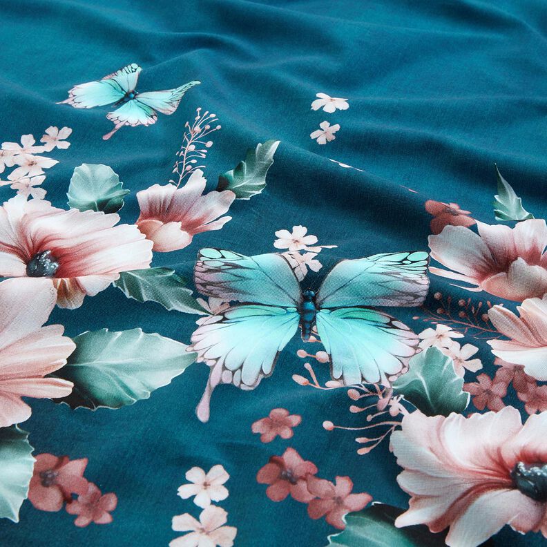 Dżersej bawełniany motyle na łące | Glitzerpüppi  – jasny petrol/różowy,  image number 2