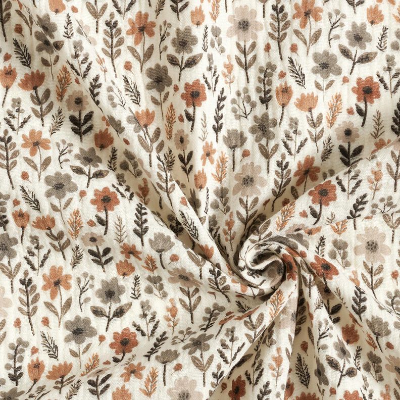 Muślin / Tkanina double crinkle jesienne kwiaty – mleczna biel,  image number 3