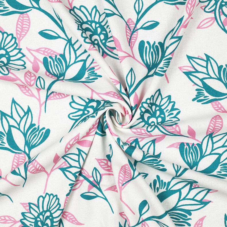 Mieszanka wiskozy i lnu kwiaty | Poppy Fabrics – kość słoniowa/turkus,  image number 3