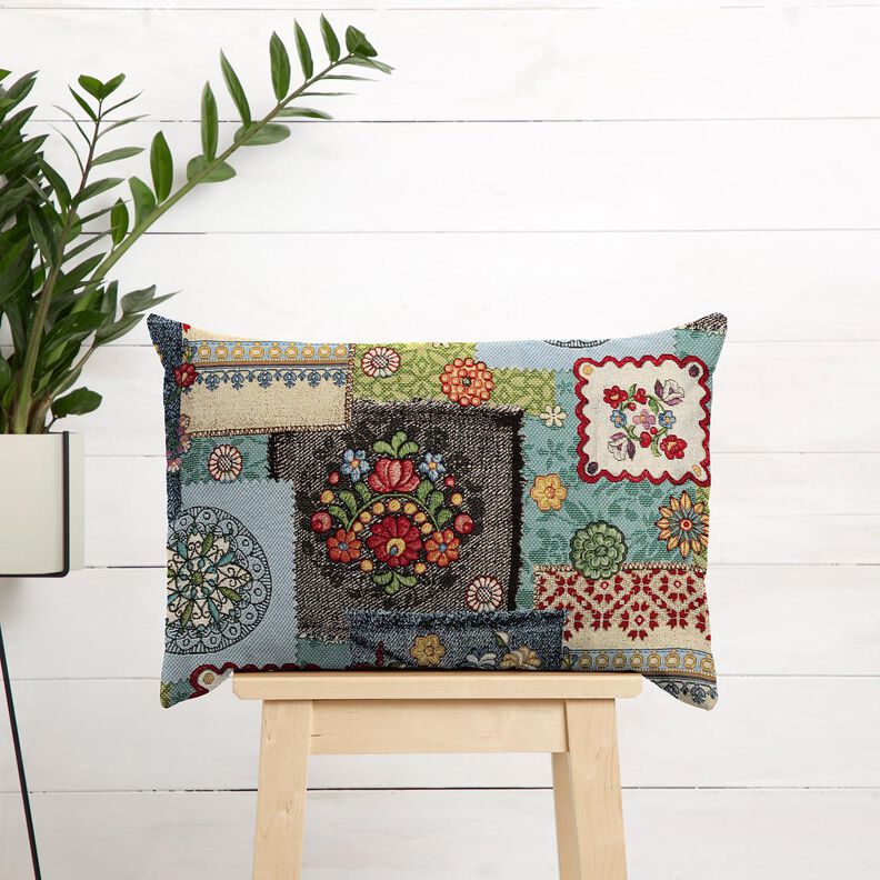 Tkanin dekoracyjna Gobelin patchwork dżinsowy – jasnobeżowy/dżins, image number 6