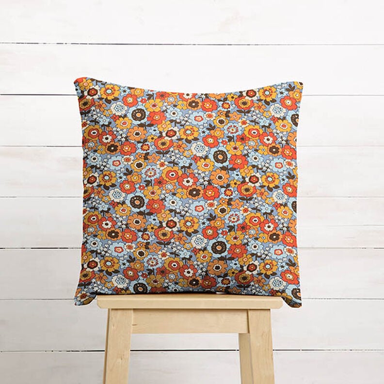 Tkanina bawełniana Kreton kolorowe kwiaty – jasnoniebieski jeans/pomarańcza,  image number 7