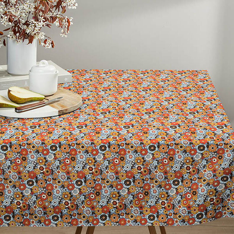 Tkanina bawełniana Kreton kolorowe kwiaty – jasnoniebieski jeans/pomarańcza,  image number 6