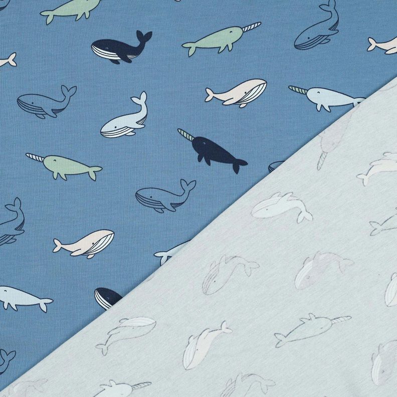 Dżersej bawełniany urocze wieloryby | Poppy Fabrics – szary błękit/granat,  image number 4