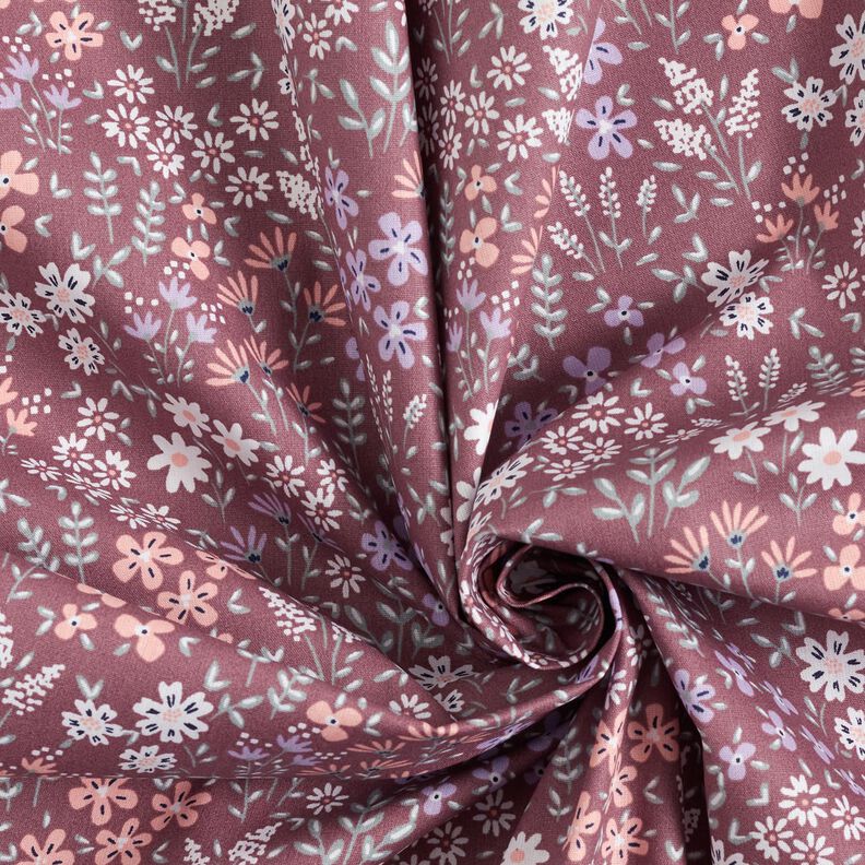 Bawełna powlekana kolorowa łąka kwietna – ciemny brudny róż/biel,  image number 4