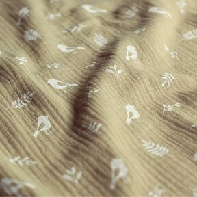Muślin / Tkanina double crinkle gałęzie i ptaszki – jasny khaki/biel, 