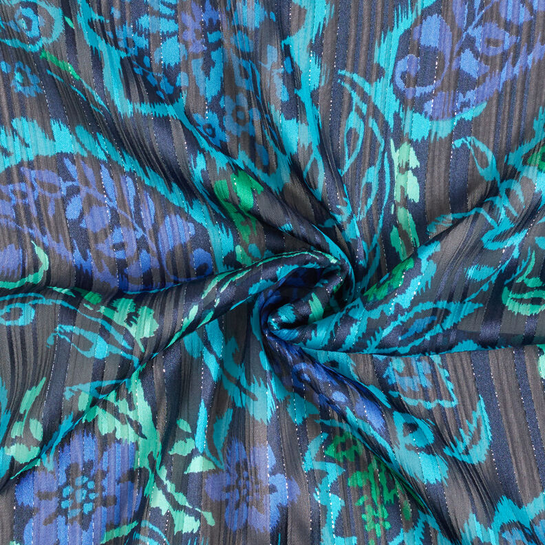 Szyfon z satynowymi, błyszczącymi paskami w kwiaty paisley – turkus/czerń,  image number 4