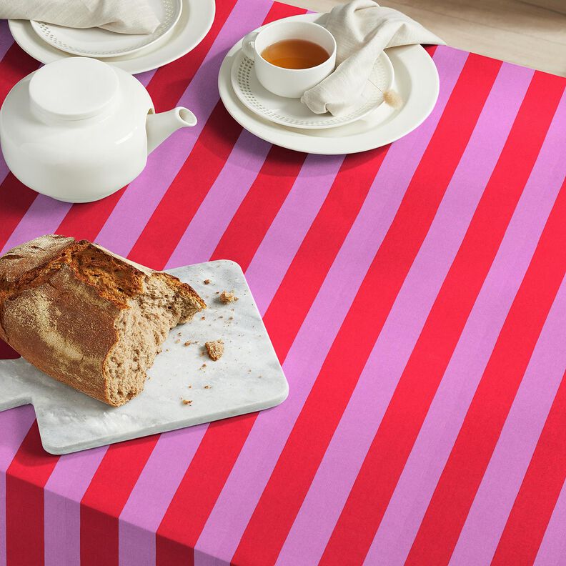 Tkanin dekoracyjna Płótno pogodne paski – pastelowy fiolet/chili,  image number 7