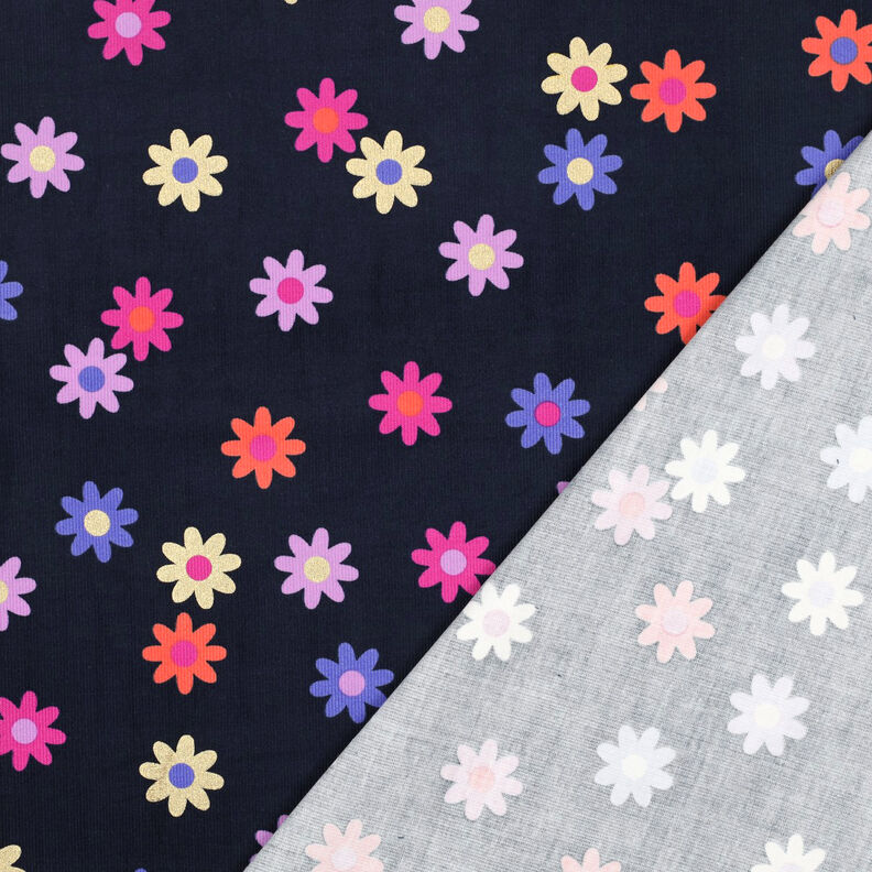 Sztruks cienki kwiaty z nadrukiem brokatowym | Poppy Fabrics – granat, image number 4