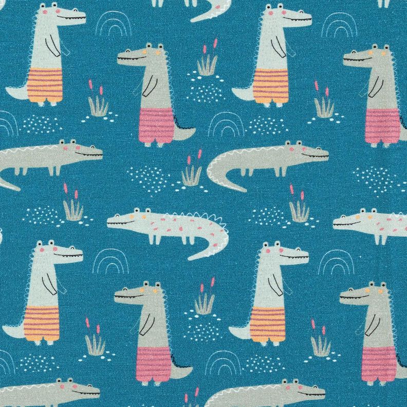 Dżersej bawełniany radosne krokodyle – niebieski oceaniczny,  image number 1