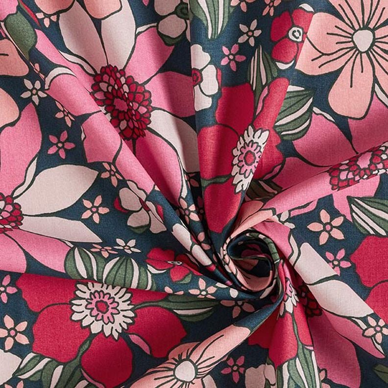 Tkanina bawełniana Kreton kwiaty retro – petrol/róż,  image number 3