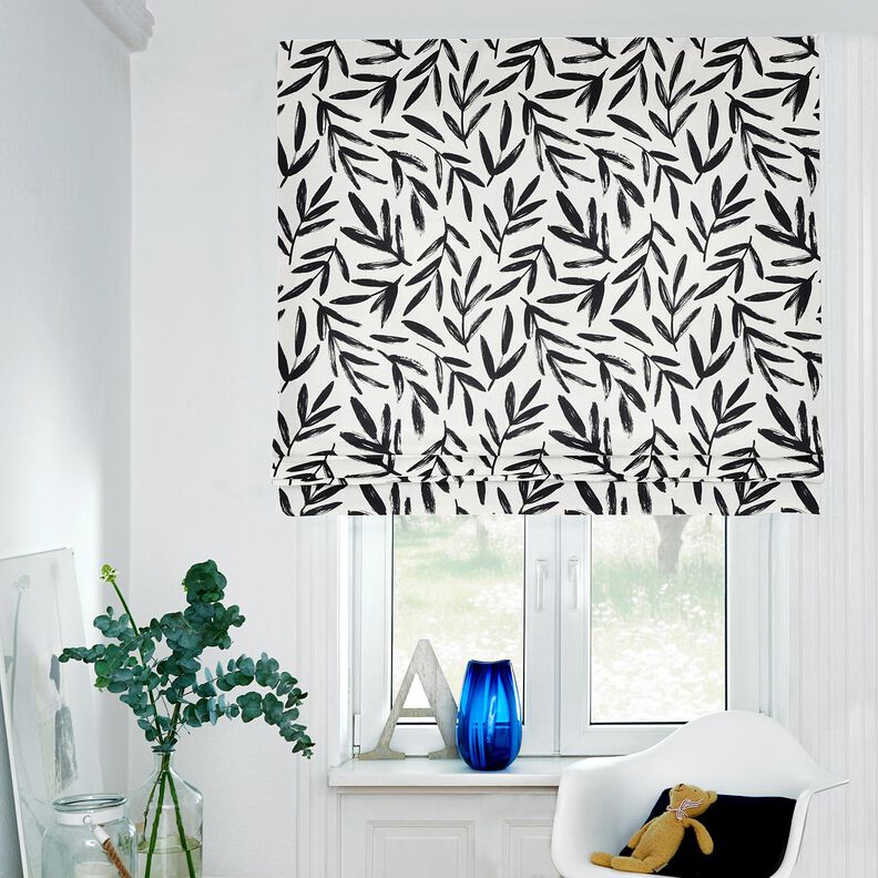 Tkanin dekoracyjna Half panama minimalistyczne liście – czerń/kość słoniowa, image number 6