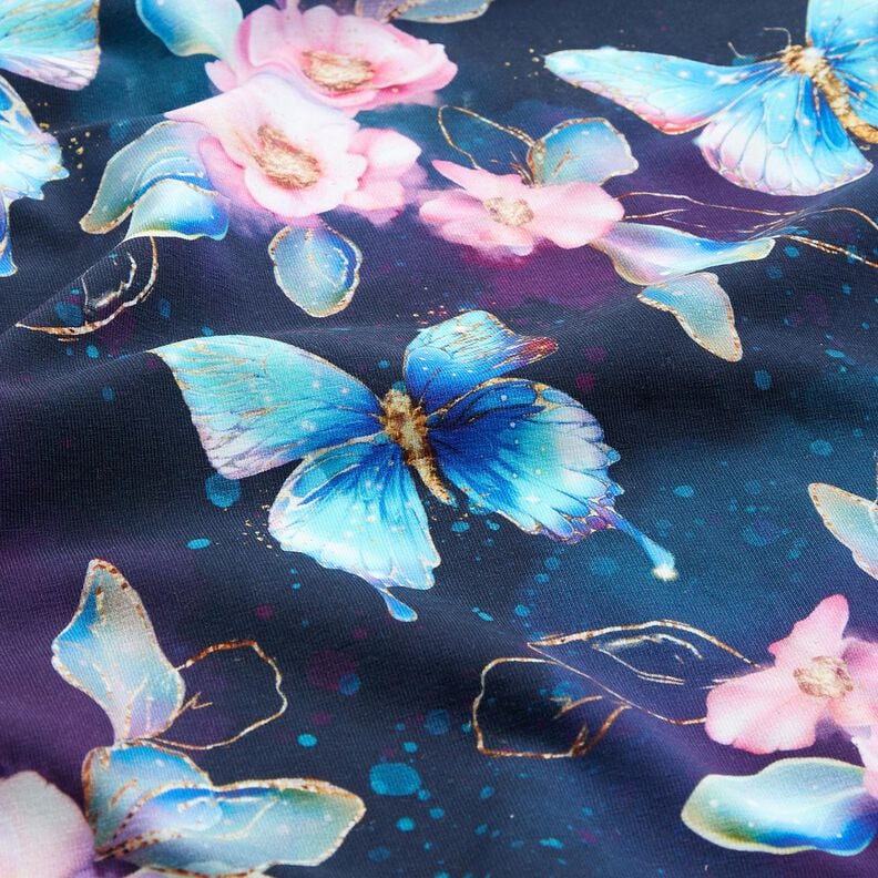 Dżersej bawełniany błyszczące motyle i kwiaty | Glitzerpüppi  – ciemnogranatowy/lodowy niebieski,  image number 2