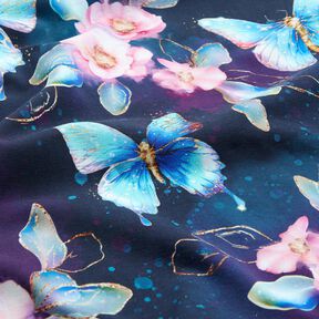 Dżersej bawełniany błyszczące motyle i kwiaty | Glitzerpüppi  – ciemnogranatowy/lodowy niebieski,  Dżersej bawełniany błyszczące motyle i kwiaty | Glitzerpüppi  – ciemnogranatowy/lodowy niebieski,
