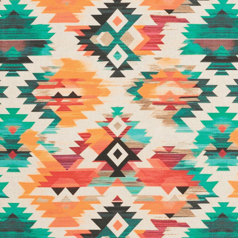 Tkanin dekoracyjna Half panama abstrakcyjny nadruk etno  – jasnobeżowy/szmaragdowy,  image number 1