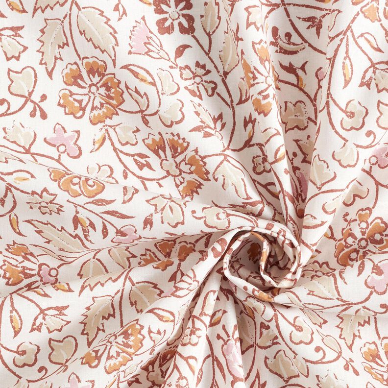 Tkanina bawełniana Kreton delikatny kwiatowy wzór – biel/cynamon,  image number 3
