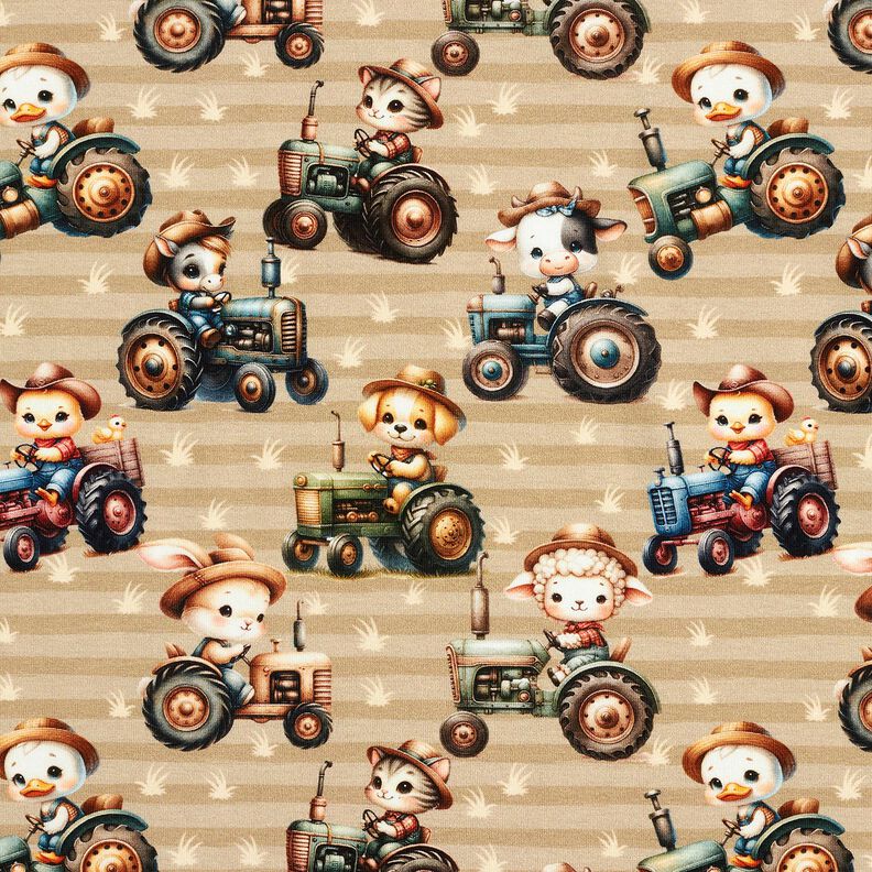 Dżersej bawełniany traktor ze zwierzętami nadruk cyfrowy – zawilec/migdałowy, image number 1