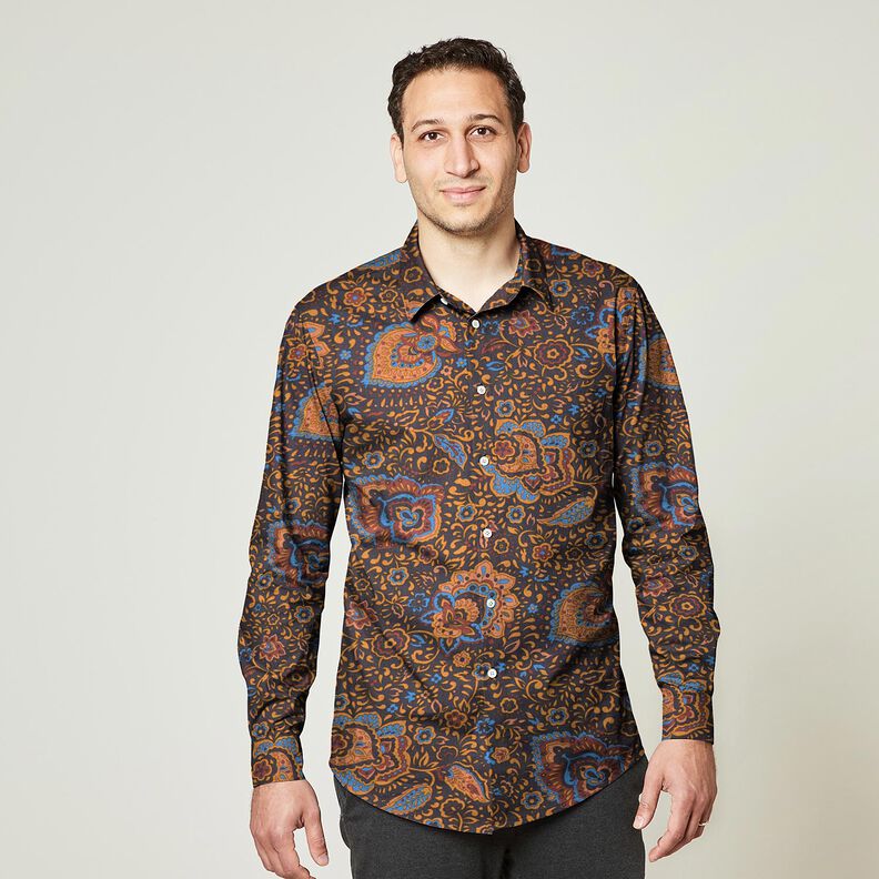Tkanina koszulowa kwiaty retro i wzór paisley – ciemnogranatowy/karmelka,  image number 5