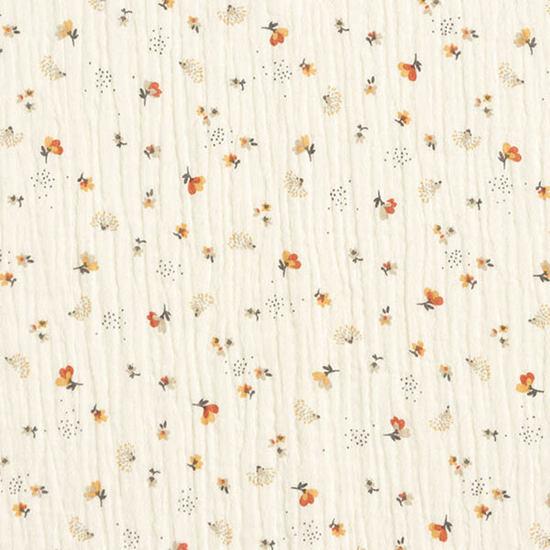 Muślin / Tkanina double crinkle kwiatuszki i jeże – mleczna biel,  image number 1