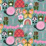 Tkanina bawełniana Kreton motyle i pszczółki – eukaliptusowy/róż,  thumbnail number 1