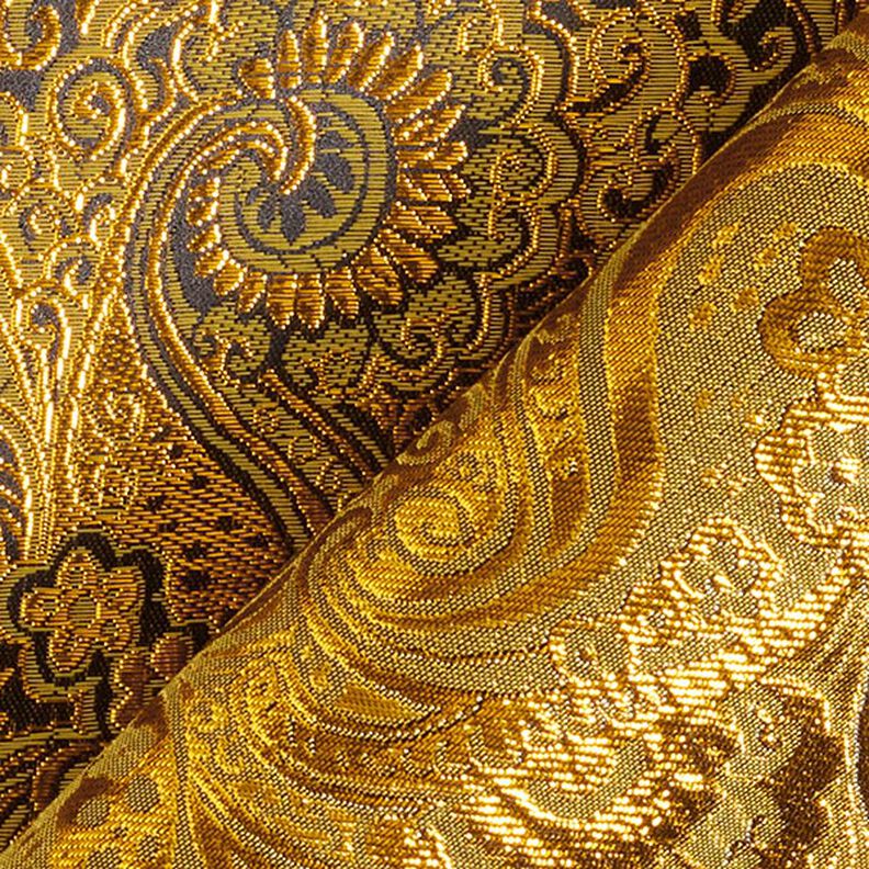 Żakard odzieżowy metaliczny wzór Paisley – złoto/czerń,  image number 4