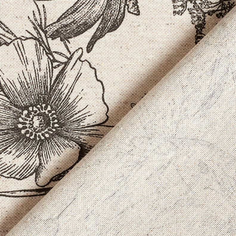 Tkanin dekoracyjna Half panama kwiaty i trawy – naturalny/czerń,  image number 5