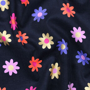 Sztruks cienki kwiaty z nadrukiem brokatowym | Poppy Fabrics – granat, 
