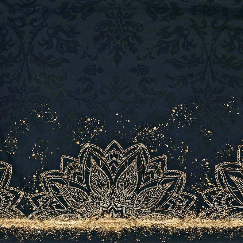 Dżersej bawełniany Tkanina z bordiurą, mandala barokowa i złote plamki | Glitzerpüppi – czerń,  image number 2