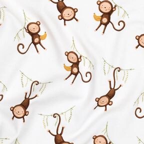 GOTS Dżersej bawełniany Małpki w dżungli nadruk cyfrowy | Poppy Fabrics – biel/ciemny brąz, 