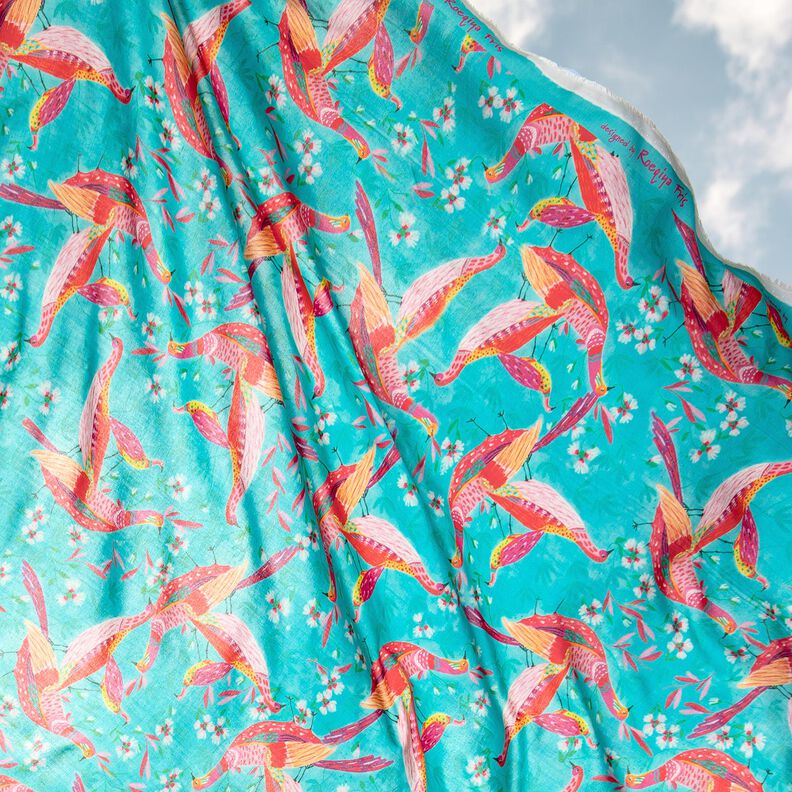 Plażowa tkanina wiskozowa w pawie i kwiaty – błękit morski/intensywny róż,  image number 6