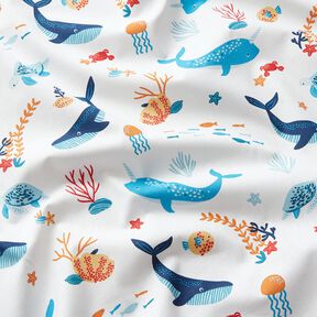Tkanina bawełniana Kreton podwodne zwierzęta – biel/błękit morski, 